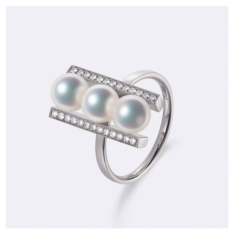 Anello Otohiko - Oro Bianco, Diamanti e 3 Perle Akoya - 2