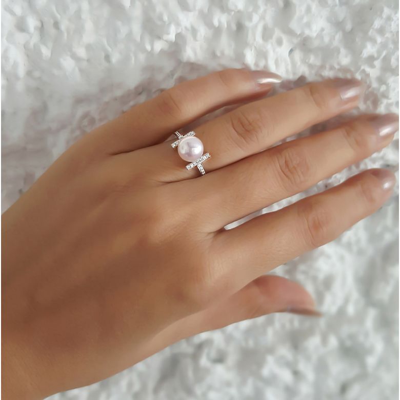 Anello Otohiko - Oro Bianco, Diamanti e Perla Akoya - 9