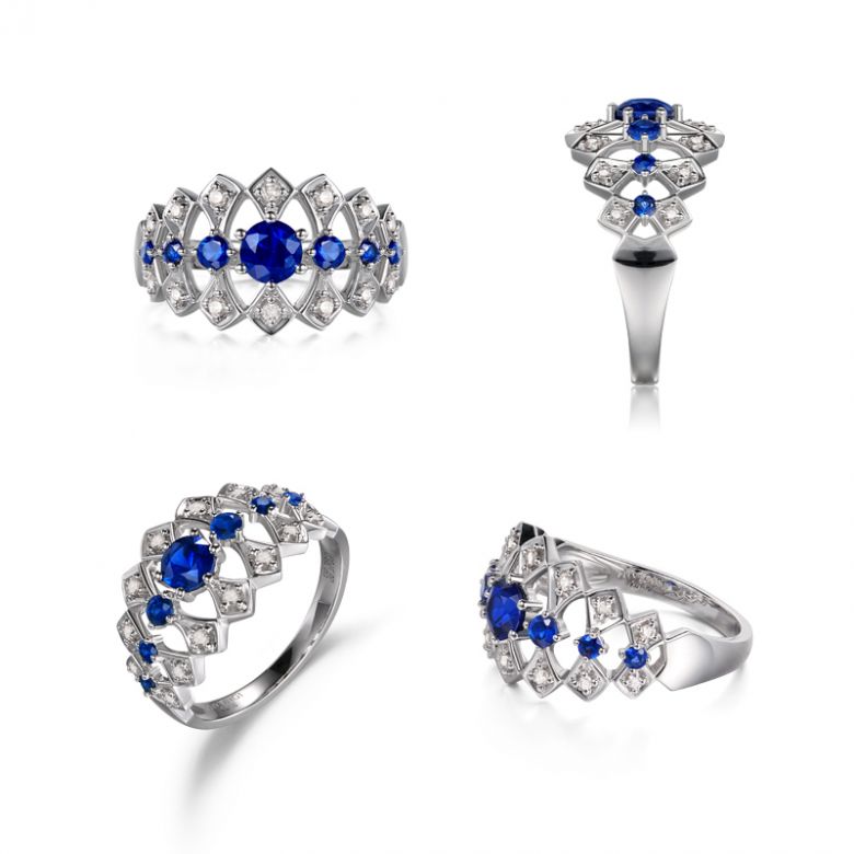 Anello Santa Maria Novella - Oro Bianco, Mezzo Giro di Zaffiri & Diamanti - 8