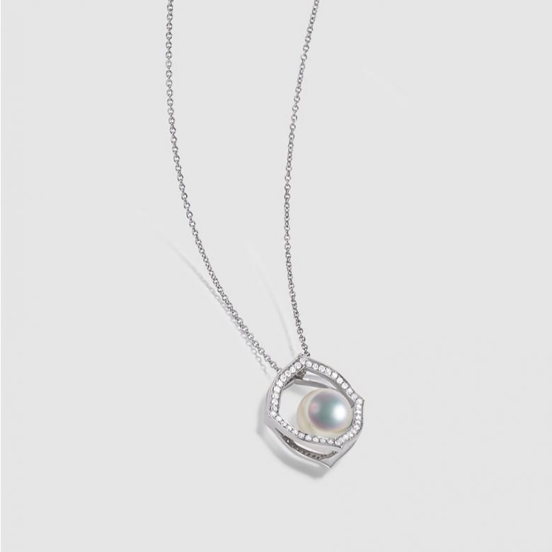 Ciondolo Coco - Oro Bianco 18k, Diamanti e Perla Akoya - 6