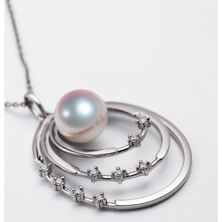 Ciondolo Kaneo - Oro Bianco 18kt, Diamanti e Perla Akoya - 5