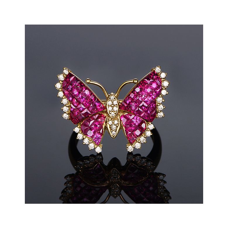Anello Farfalla Ardente - Oro Giallo, Diamanti & Rubini Birmani - 3