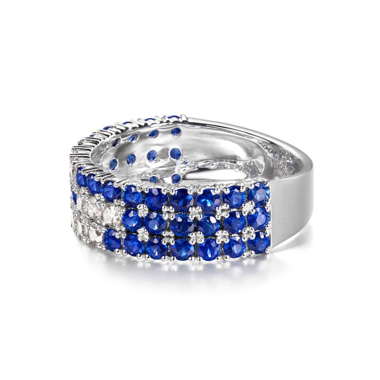 Anello Veretta Blue Lagoon - Oro Bianco, Mezzo Giro di Zaffiri & Diamanti - 4