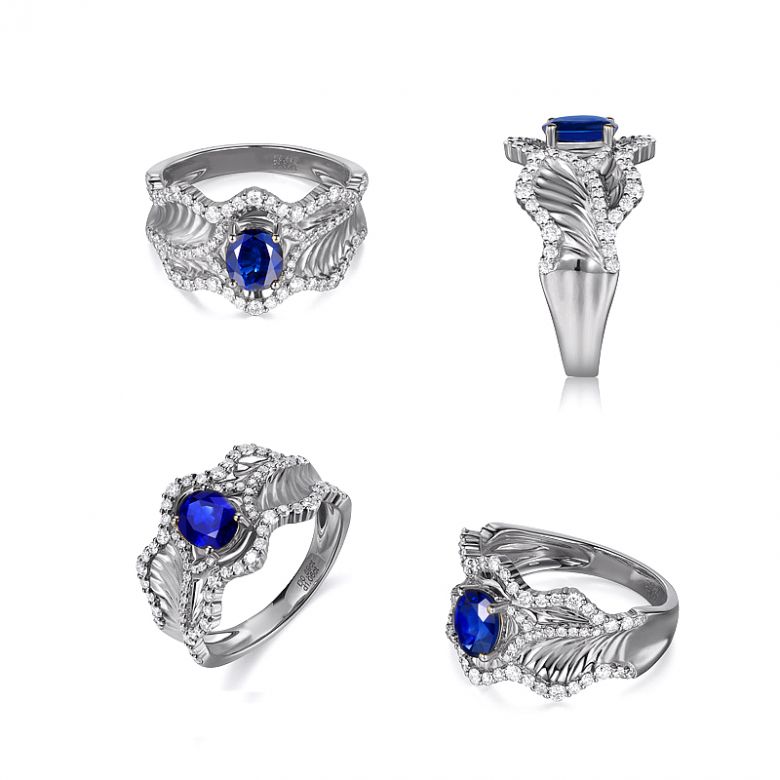 Anello Solitario Composto Floraison - Oro Bianco, Diamanti & Zaffiro - 8