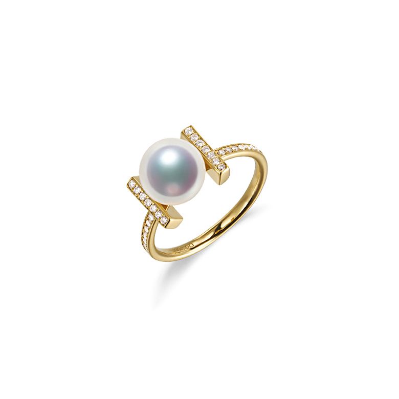 Anello Otohiko - Oro Giallo, Diamanti e Perla Akoya - 6