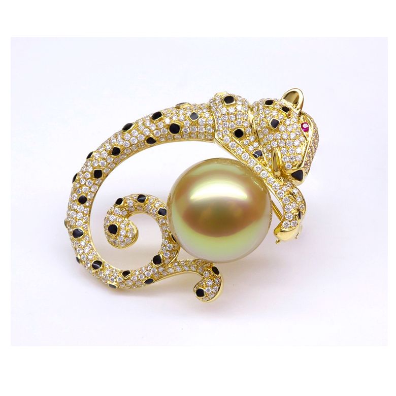 Ciondolo Leopardo oro giallo - Perla d'Australia dorata, diamanti e zaffiri - 8