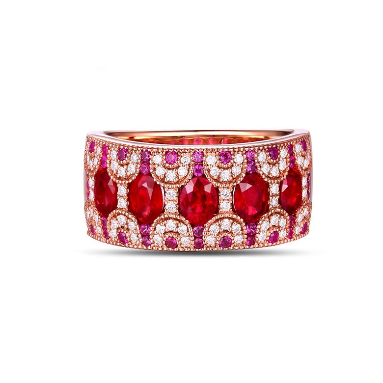 Anello Orientale a Paris - Oro Rosa, Riviera Mezzo Giro di Rubini e Diamanti - 6
