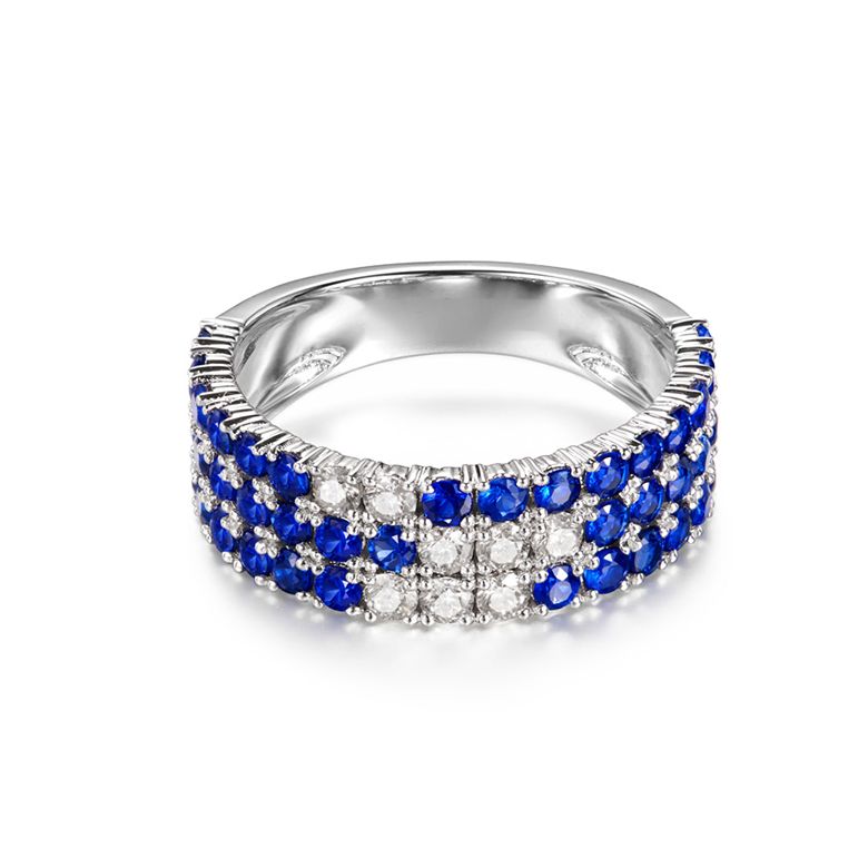 Anello Veretta Blue Lagoon - Oro Bianco, Mezzo Giro di Zaffiri & Diamanti - 6
