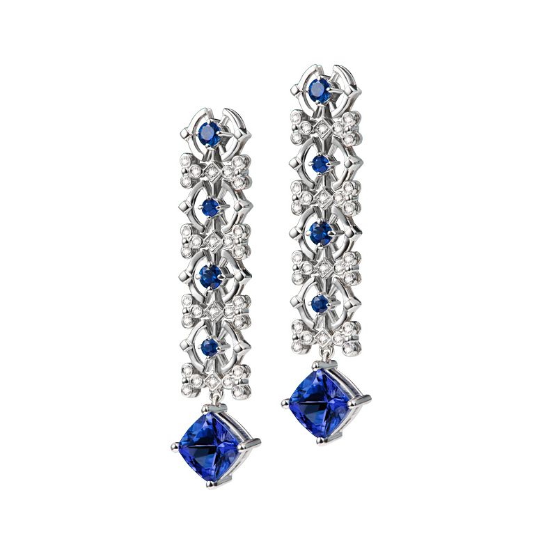 Boucle d oreille saphir bleu, diamant - Or blanc - 9