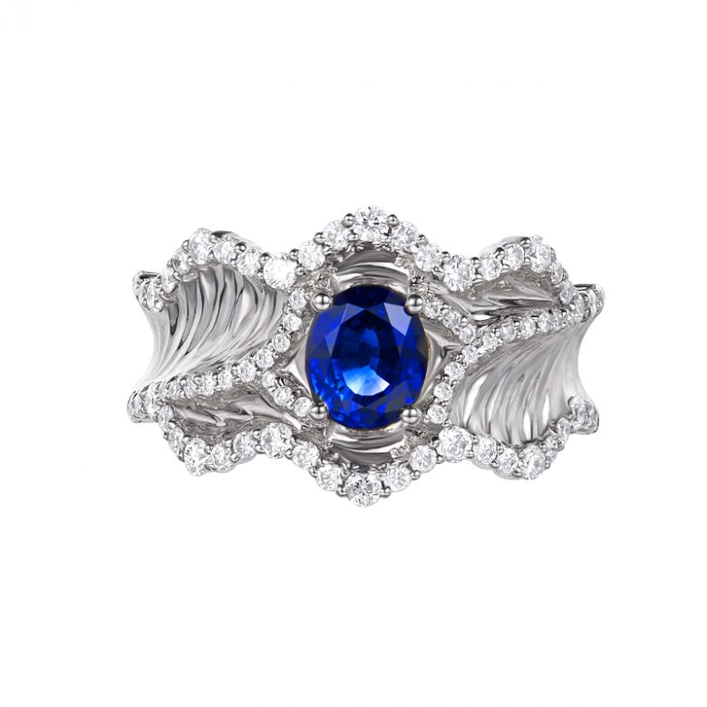 Anello Solitario Composto Floraison - Oro Bianco, Diamanti & Zaffiro - 3