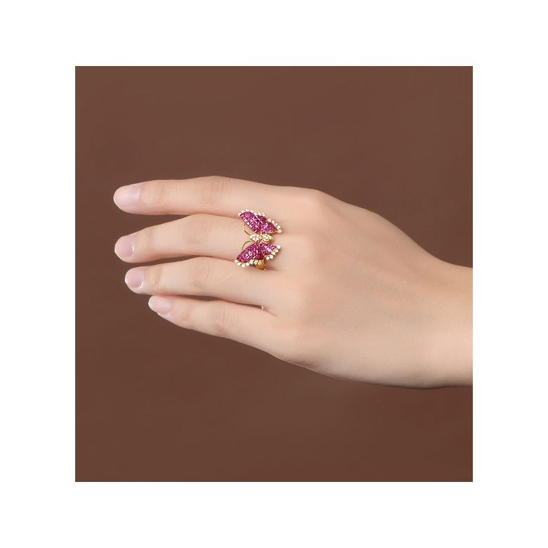 Anello Farfalla Ardente - Oro Giallo, Diamanti & Rubini Birmani - 2