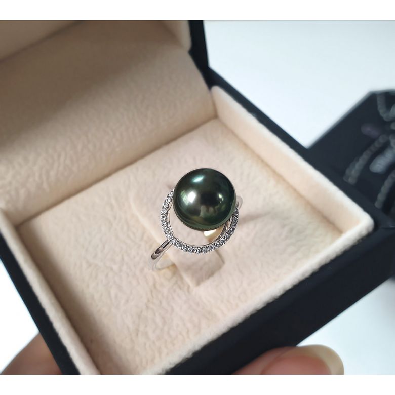 Anello Puerto Rico - Oro Bianco, Diamanti e Perla di Tahiti - 8