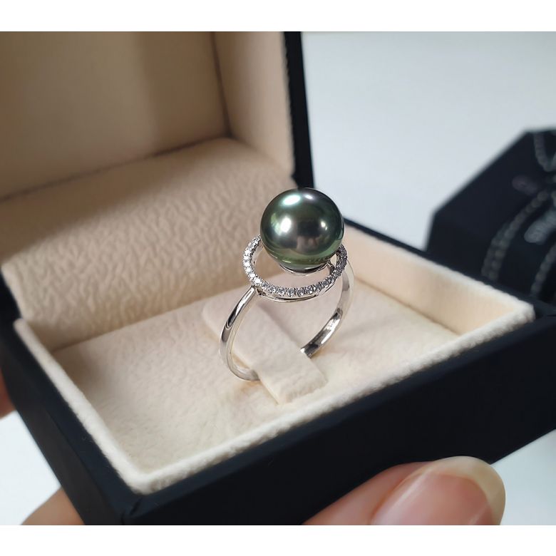 Anello Puerto Rico - Oro Bianco, Diamanti e Perla di Tahiti - 4