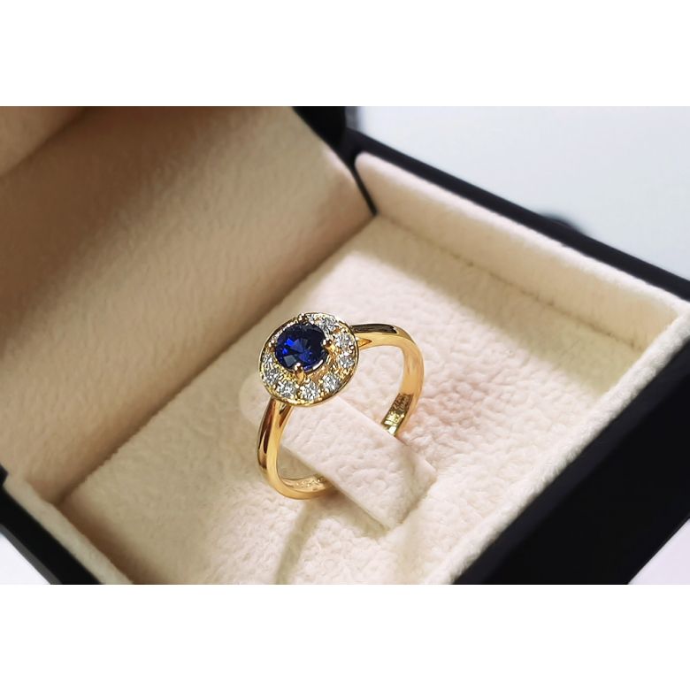 Anello Solitario Composto Kandy - Oro Giallo, Diamanti & Zaffiro Blu - 7