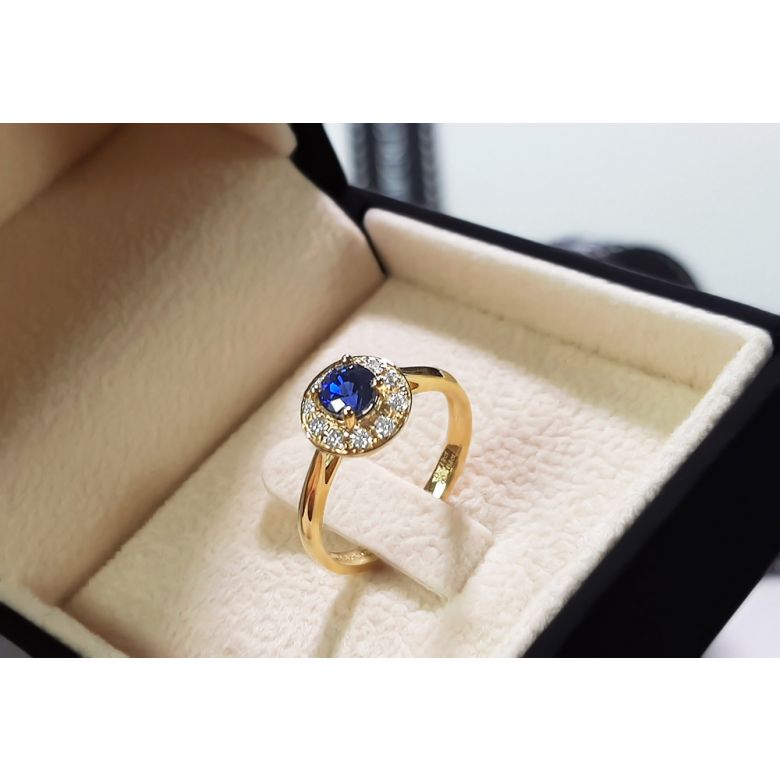 Anello Solitario Composto Kandy - Oro Giallo, Diamanti & Zaffiro Blu - 12