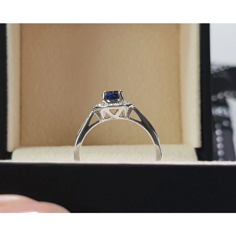 Anello Solitario Composto Kandy - Oro Bianco, Diamanti & Zaffiro Blu - 5