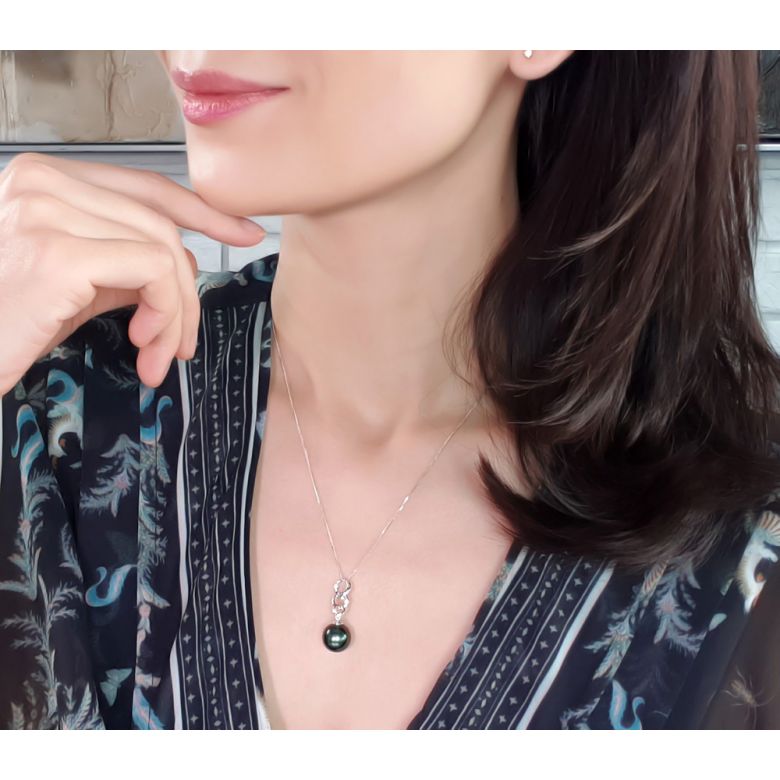 Ciondolo ad Anelli - Oro Bianco, Diamanti e Perla Tahiti - 6
