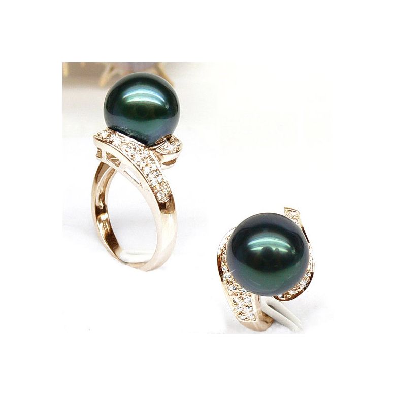 Anello Tuamotu - Oro Giallo, Diamanti e Perla di Tahiti - 4