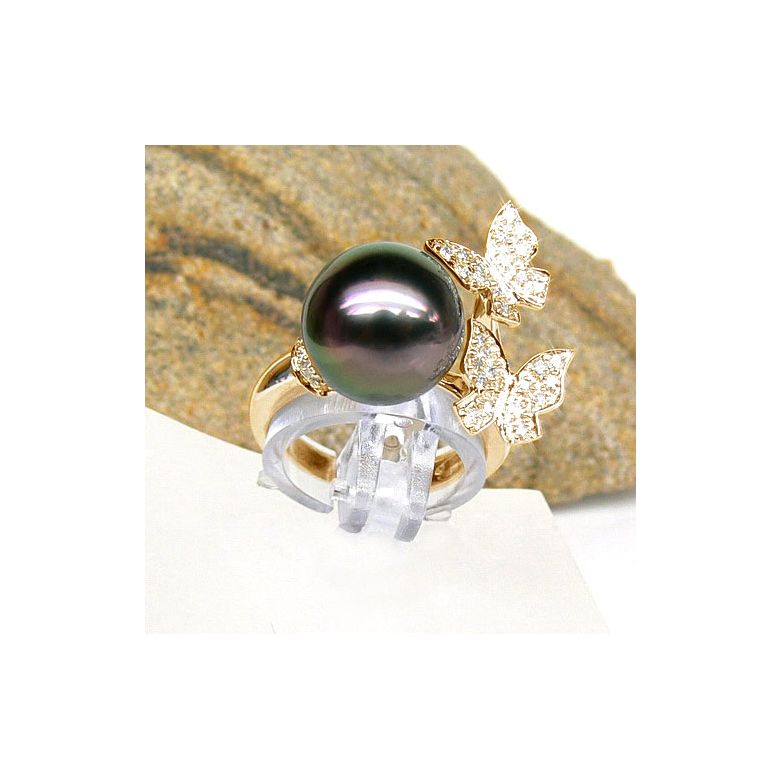 Anello Farfalla Pirae - Oro Giallo, Diamanti e Perla di Tahiti - 2