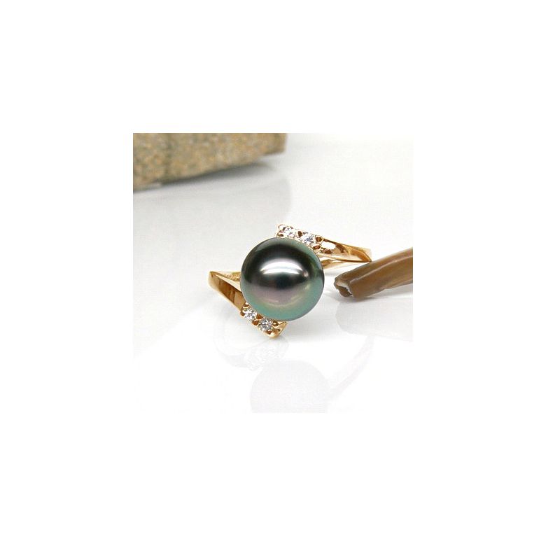 Anello Zabargad - Oro Giallo, Diamanti e Perla di Tahiti - 4