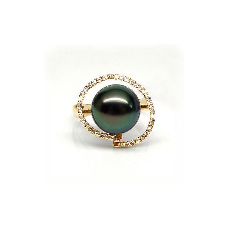 Anello Caraïbes - Oro Giallo, Diamanti e Perla di Tahiti - 3