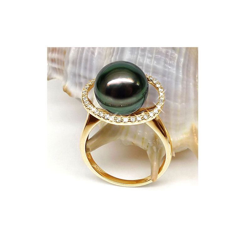 Anello Caraïbes - Oro Giallo, Diamanti e Perla di Tahiti - 4