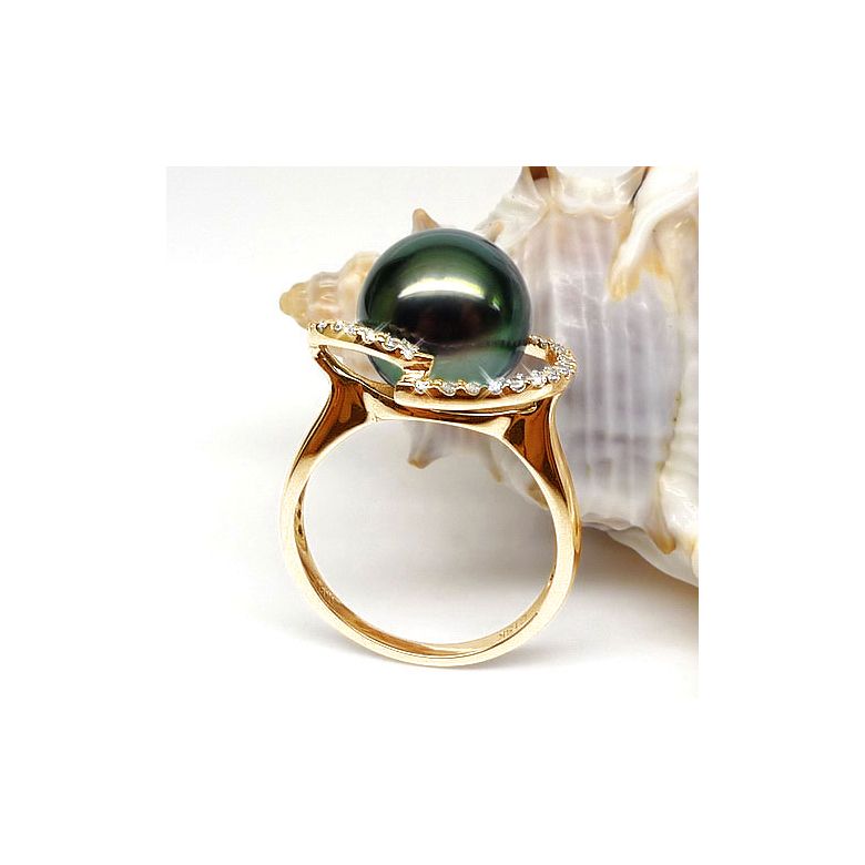 Anello Caraïbes - Oro Giallo, Diamanti e Perla di Tahiti - 5