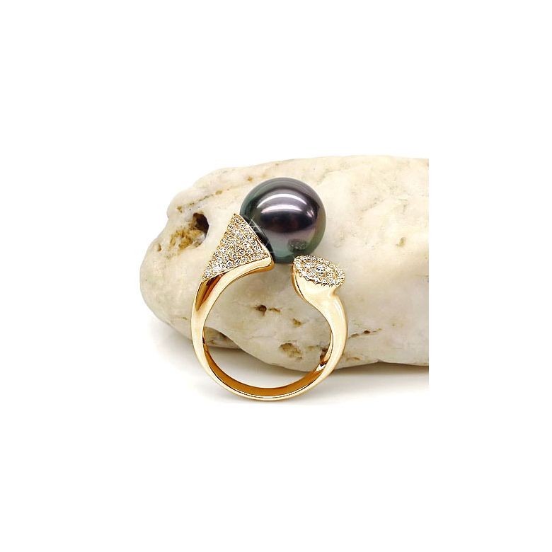 Anello Açores - Oro Giallo, Diamanti e Perla di Tahiti - 3