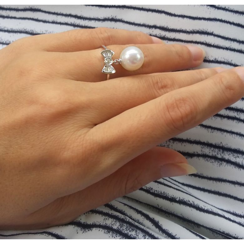 Anello Noeud Papillon - Oro Bianco 18kt, Diamanti e Perla d'Acqua Dolce - 3