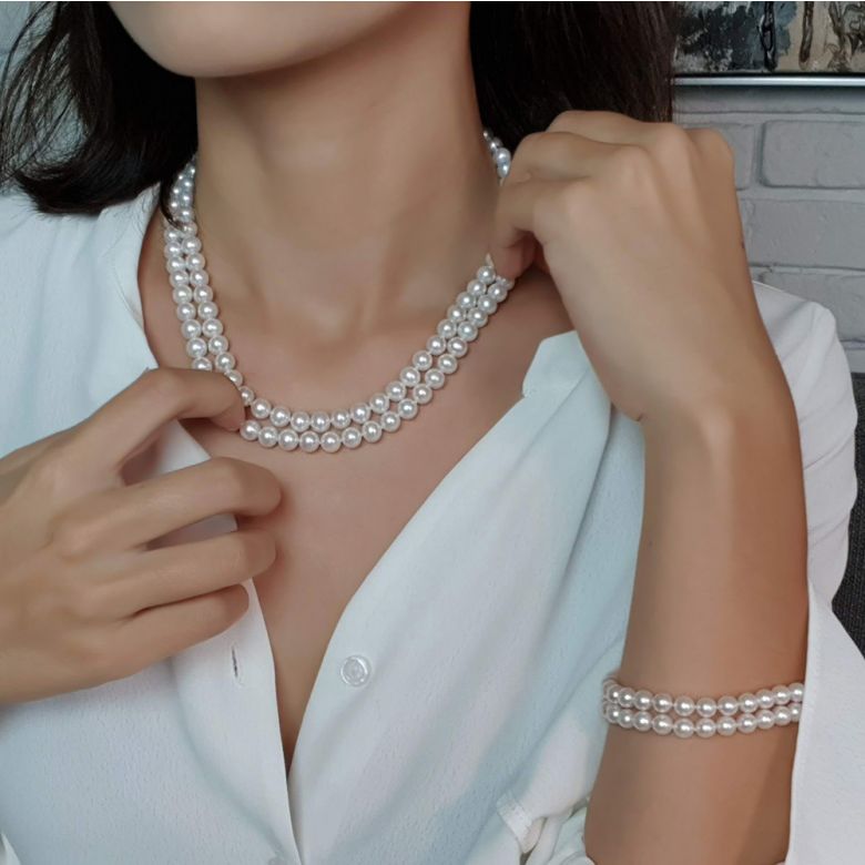 Collana A Due Fili Folies Wagram - Perle d'Acqua Dolce Bianche - 7/7.5mm, AAA - 10