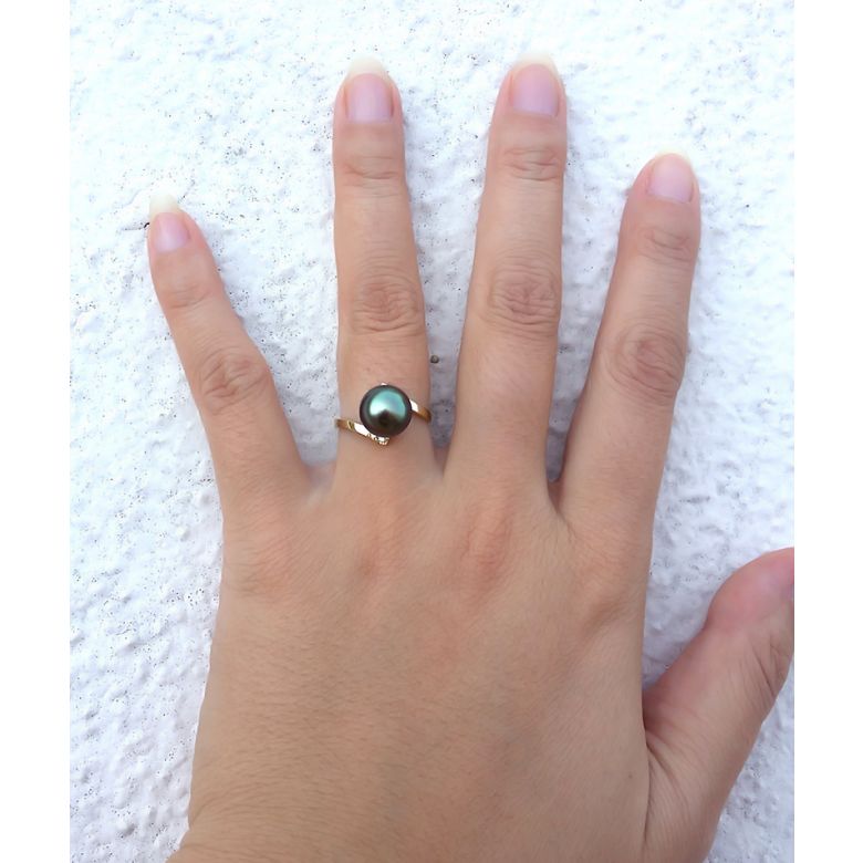 Anello Zabargad - Oro Giallo, Diamanti e Perla di Tahiti - 2