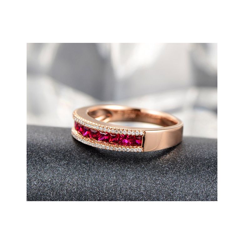 Anello Luce Rossa - Oro Rosa, Riviera di Rubini Princess a Binario e Diamanti - 4