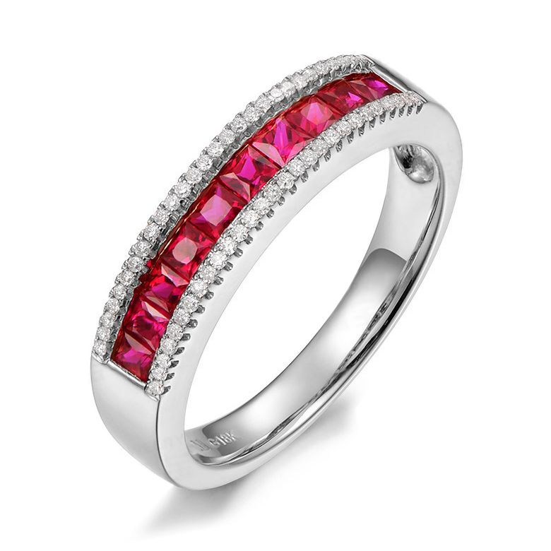 Anello Luce Rossa - Oro Bianco, Riviera di Rubini Princess a Binario e Diamanti - 1