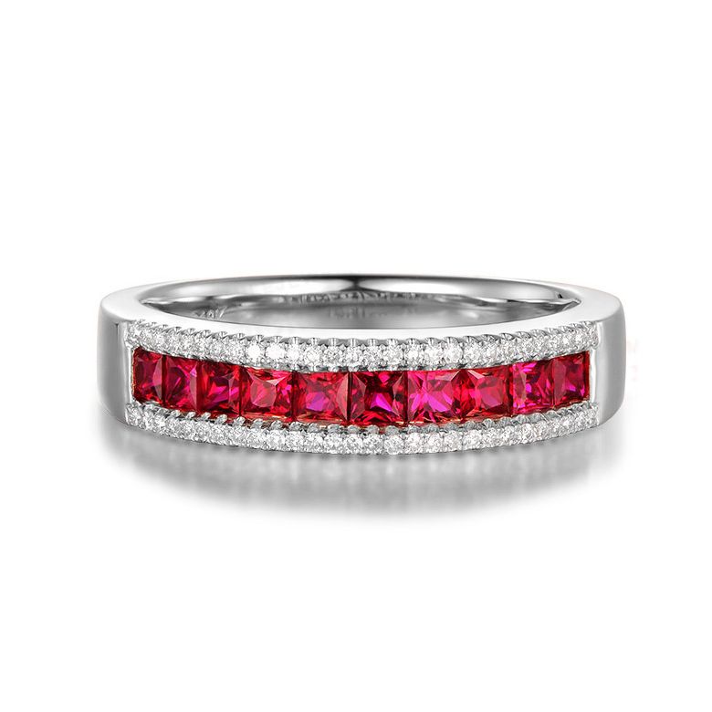 Anello Luce Rossa - Oro Bianco, Riviera di Rubini Princess a Binario e Diamanti - 2