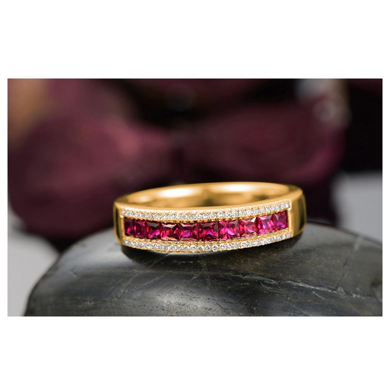 Anello Luce Rossa - Oro Giallo, Riviera di Rubini Princess a Binario e Diamanti - 3