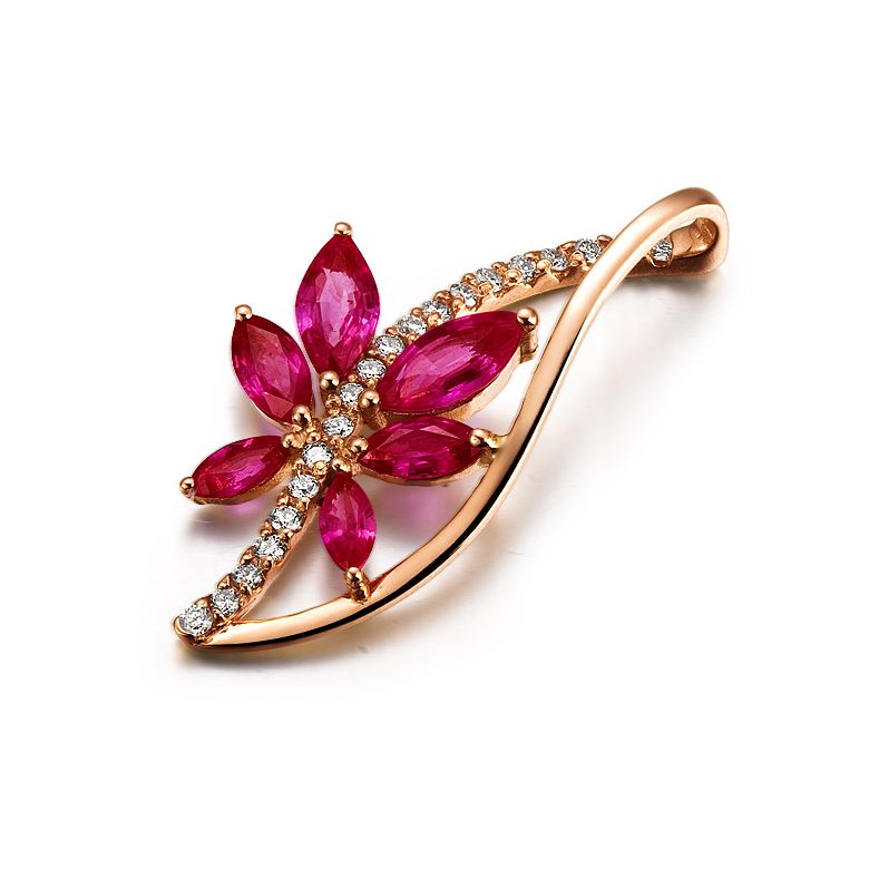 Ciondolo rubino fiore rampicante - Oro rosa 18 carati - 2