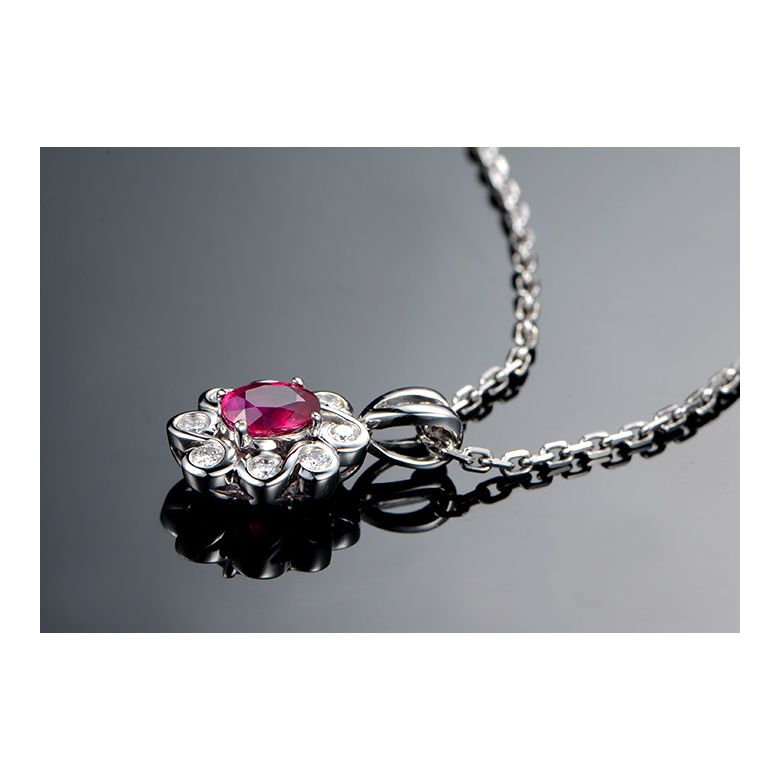 Ciondolo fiore di Diamanti e Rubino - Oro bianco - 4