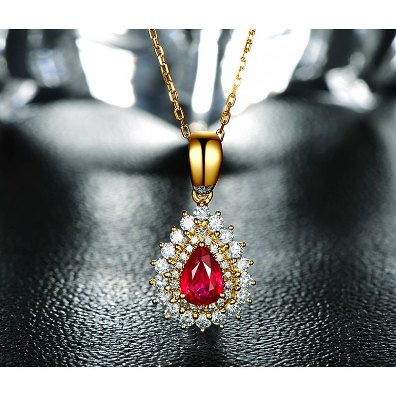 Ciondolo Rubino taglio pera - Diamanti e oro bianco - 3
