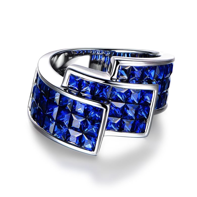 Anello Simone de Beauvoir - Oro Bianco e Pavé Zaffiri Princess a Binario - 5