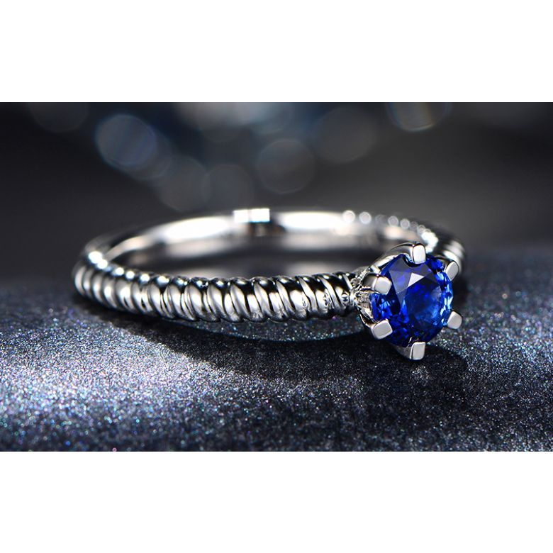 Anello Mariamman - Oro Bianco & Zaffiro Blu Solitario - 4