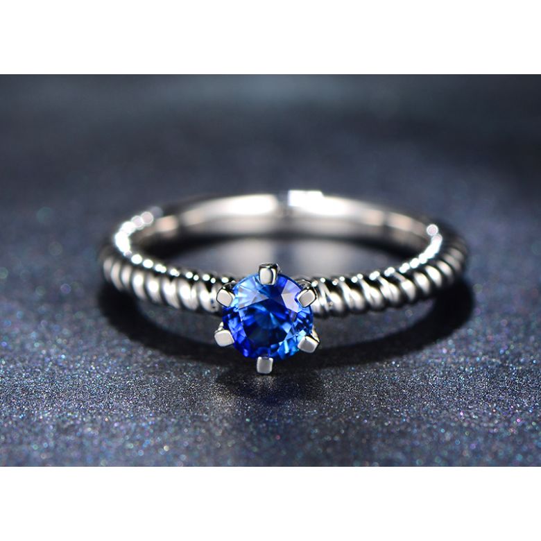 Anello Mariamman - Oro Bianco & Zaffiro Blu Solitario - 3