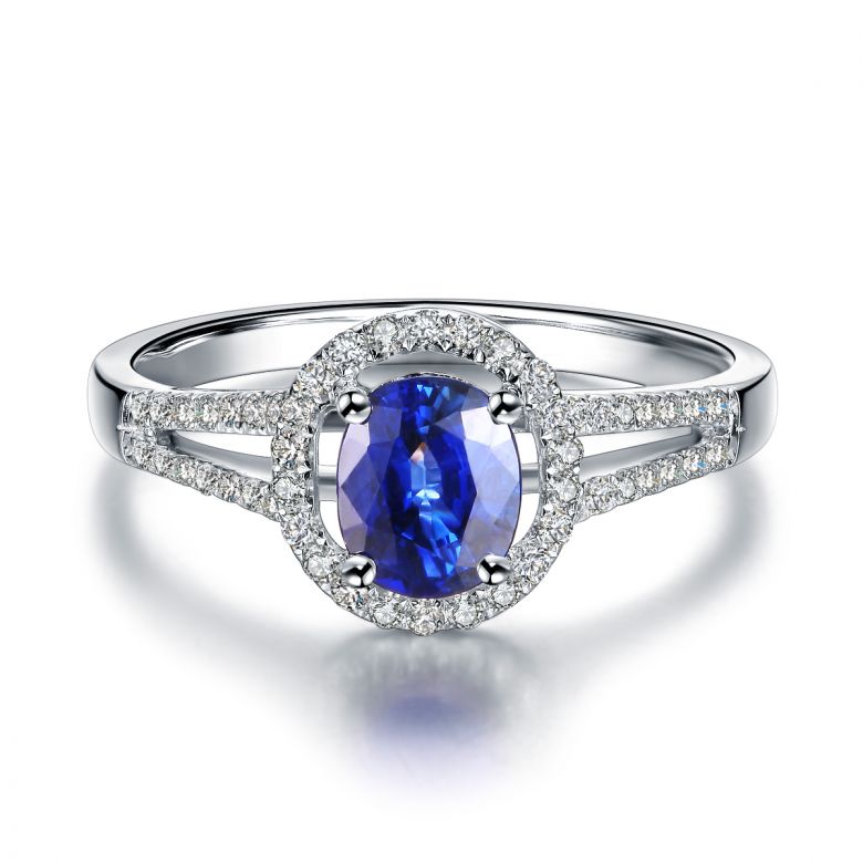 Anello Solitario Composto Mahaweli - Oro Bianco, Diamanti & Zaffiro - 6