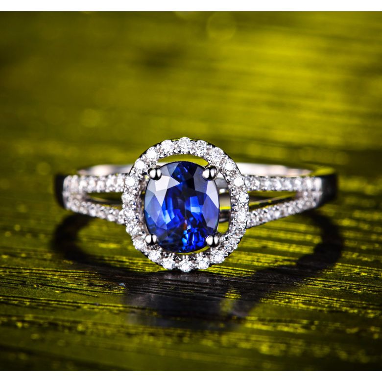 Anello Solitario Composto Mahaweli - Oro Bianco, Diamanti & Zaffiro - 3