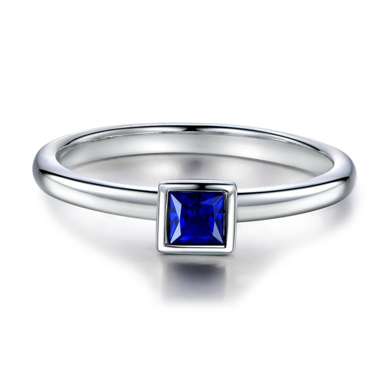 Anello Quadrato Blu - Oro Bianco & Zaffiro Princess Solitario - 6