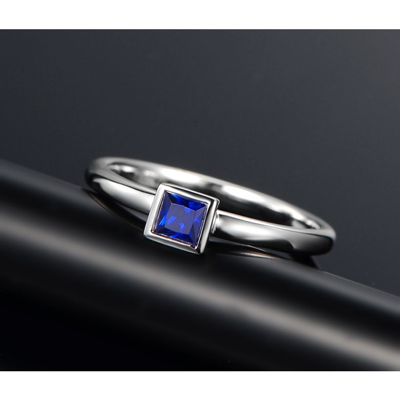 Anello Quadrato Blu - Oro Bianco & Zaffiro Princess Solitario - 3