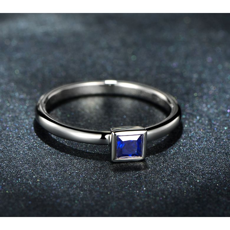 Anello Quadrato Blu - Oro Bianco & Zaffiro Princess Solitario - 5
