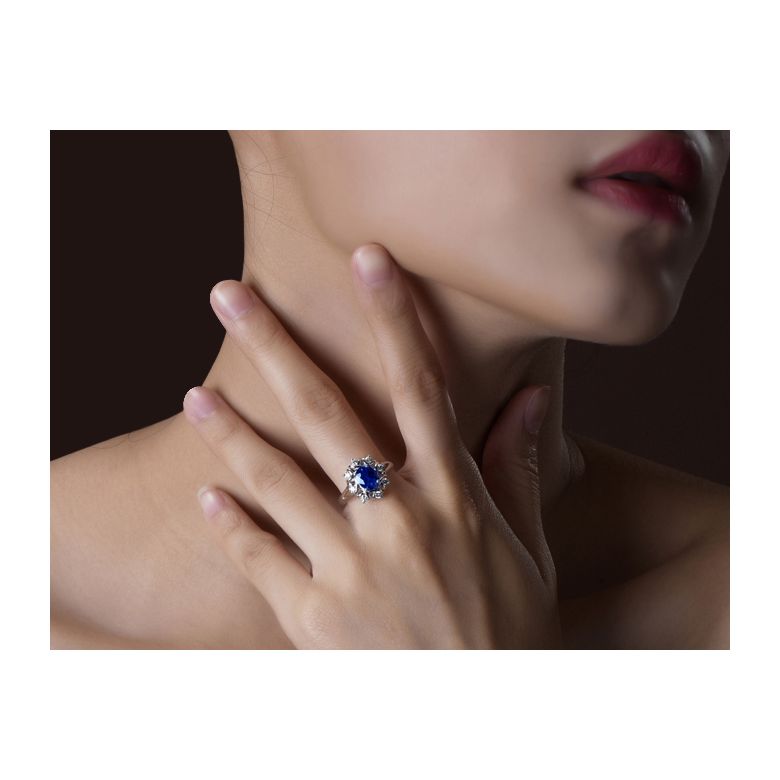 Solitario Composto Printaniere - Oro Bianco, Diamanti & Zaffiro Ovale - 2