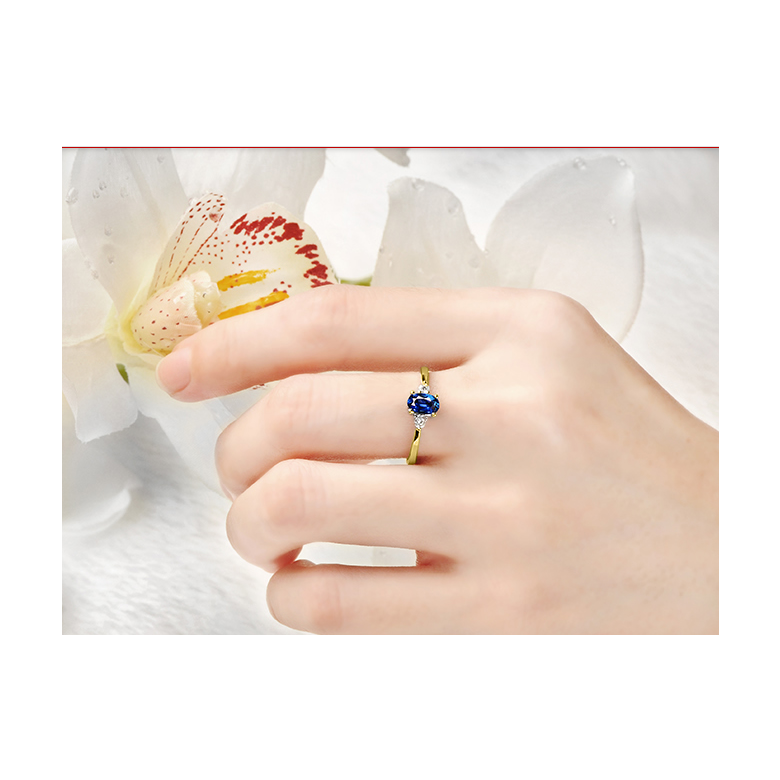 Anello di Fidanzamento Neoclassica - Oro Giallo, Diamanti & Zaffiro Blu Ovale - 2