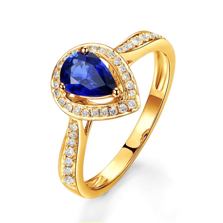 Anello Solitario Composto Jaffna - Oro Giallo, Diamanti & Zaffiro Pera - 1