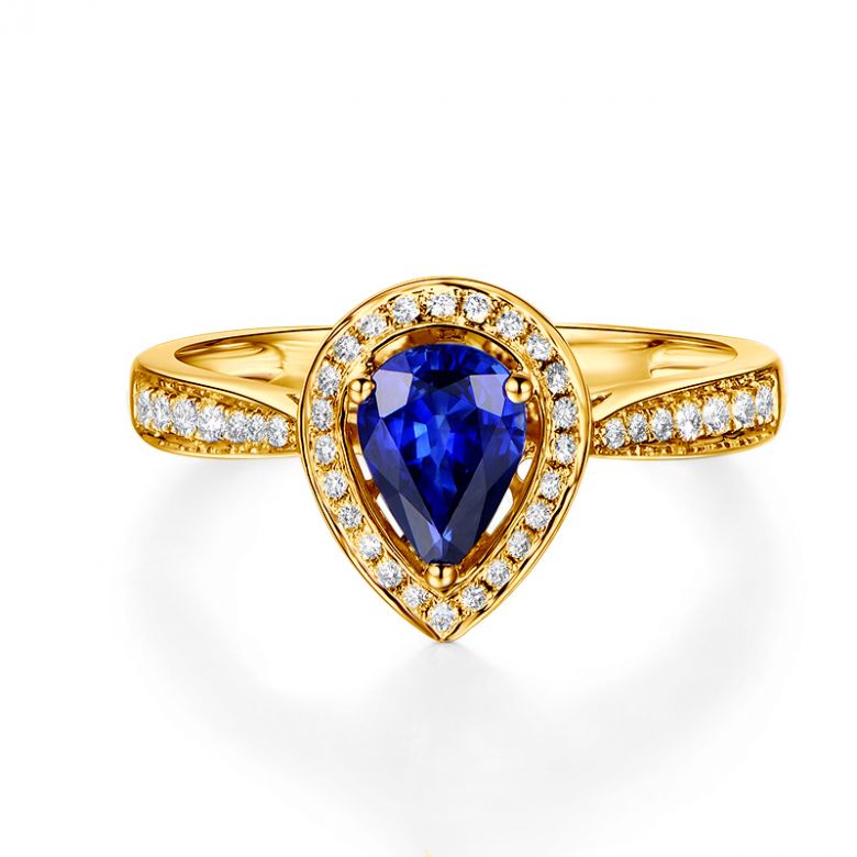 Anello Solitario Composto Jaffna - Oro Giallo, Diamanti & Zaffiro Pera - 6